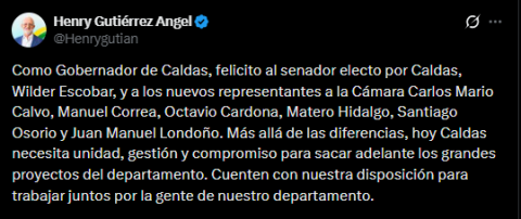 Gobernador se pronunció sobre electos al Congreso Foto | Tomada de X Henrygutian | LA PATRIA