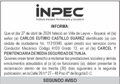 INPEC - MAY 31 - SEGUNDO AVISO  - SR. CARLOS EUTIMIO CASTILLO SUAREZ