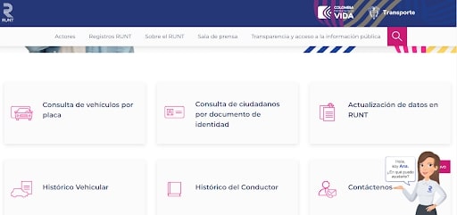 Captura de pantalla de la página web del RUNT