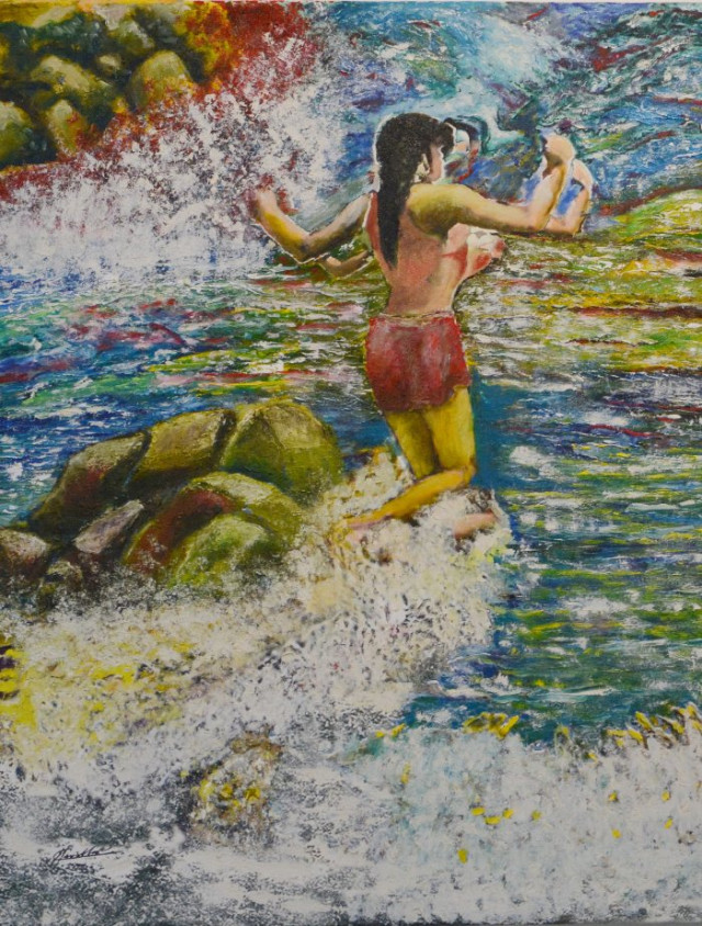 Foto | Freddy Arango | LA PATRIA   “Todo esto lo vio en los lienzos, pero lo vio en forma de pintura porque al fin y al cabo solo era eso. Solo una pintura”. Fragmento del poema de Hugo Ceballos sobre su obra Agua.