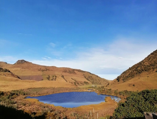 La Laguna Negra, ubicada a 3.853 m s. n. m. en la zona amortiguadora del Nevado del Ruiz, se despejó con un telón de fondo azul.