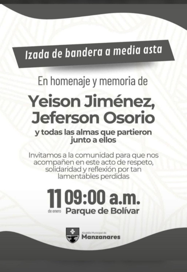 El alcalde Carlos Enrique Botero declaró tres días de duelo (domingo 11, lunes 12 y martes 13)