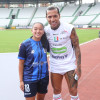 Sofía Mateus, portera del Once Caldas femenino, y Dayro Moreno, goleador del equipo masculino.