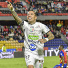 El goleador Dayro Moreno celebra el gol que le marcó este domingo al Deportivo Pasto, el 1-1 parcial en la derrota 2-1 del Once Caldas. El delantero llegó a 361 en su carrera.