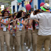 Los músicos de la Institución Educativa Neira durante el desfile que se realizó en Salamina.  