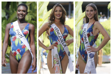 Las representantes de Haití, Cassandre Jacques; Venezuela, Lisandra Chirinos, y Polonia, Ágata Wdowiak, destacaron en el desfile en traje de baño de ayer. 
