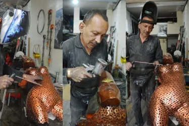 600 arandelas finamente soldadas dan forma a esta cultura elaborada por Jorge Luis Gil en su taller de metal mecánica ubicado en el barrio San José, de Manizales.