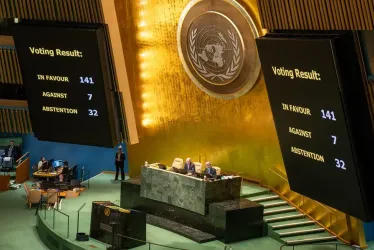 Sesión de la Asamblea General de las Naciones Unidas durante la votación sobre la resolución que pide la retirada de Rusia de Ucrania. 