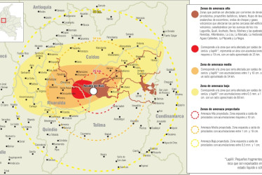 Este es el mapa de riesgo del volcán Nevado del Ruiz, con un límite establecido en un radio ubicado a 15 kilómetros del cráter Arenas. Desde este 12 de mayo el área se redujo a 10 kilómetros a la redonda.