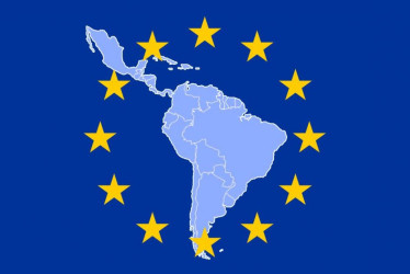 América Latina y el Caribe superpuestos sobre la bandera de la Unión Europea