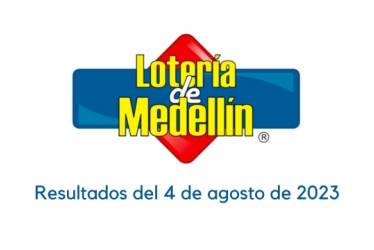 Logo de la Lotería de Medellín con un texto abajo que dice "Resultados del 4 de agosto de 2023"