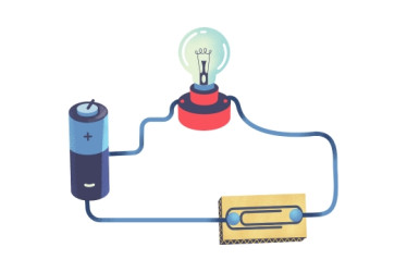 Ilustración de un circuito en serie compuesto por un bombillo, una pila y un interruptor.