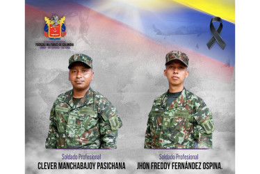 Los soldados Clever Manchabajoy y Jhon Freddy Fernández fueron asesinados este domingo en zona rural de Policarpa (Nariño) por el Estado Mayor Central (Emc).