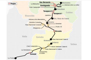 Se muestra la ubicación de los siete peajes entre Caldas, Risaralda y Quindío. 