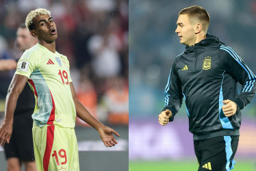 Combo de fotografías de archivo donde se observa al jugador español Lamine Yamal (i) y al argentino Franco Mastantuono. La precocidad que hay en el fútbol actual se ha convertido en uno de los principales desafíos para la FIFA y para el Mundial sub-20.
