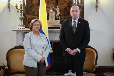 Fotografía cedida por la Cancillería de Colombia que muestra a la canciller, Rosa Yolanda Villavicencio (i) junto al encargado de Negocios de Estados Unidos en Colombia, John McNamara, durante su reunión este jueves, en Bogotá (Colombia).