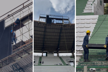 Trabajadores desmontaron este sábado la antigua pantalla del estadio Palogrande. En diciembre, el nuevo dispositivo LED estaría en funcionamiento.