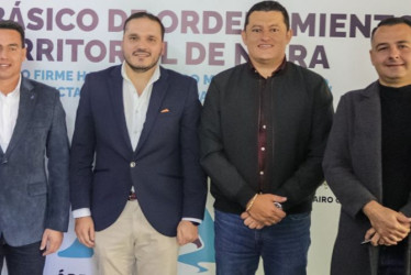 Los alcaldes del Área Metropolitana del Centrosur de Caldas, Jorge Eduardo Rojas (Manizales), Jhon Jairo Castaño (Neira), Álvaro Andrés Osorio (Palestina) y Jonier Alejandro Ramírez (Villamaría). 