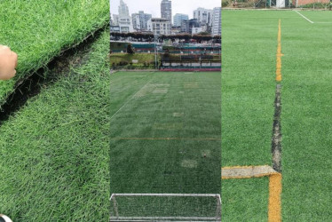 Estas son algunas de las imágenes que aportó la Secretaría del Deporte de Manizales para reclamarle al contratista por el estado de la cancha auxiliar Luis Fernando Montoya.