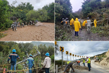 Combo de fotografías cedidas este sábado por Protección Civil, donde se observa a integrantes del Ejercito Mexicano y Brigadas de salvamento, realizando trabajos de ayuda a damnificados y afectaciones en carreteras y zonas rurales en diferentes estados afectados por las fuertes lluvias en México.
