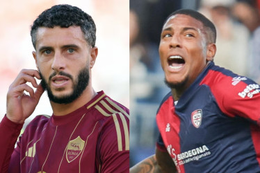 Español Mario Hermoso, defensa de la Roma, y el italiano Michael Folorunsho, volante del Cagliari.