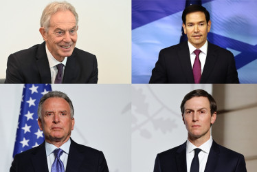 El ex primer ministro británico Tony Blair; el secretario de Estado, Marco Rubio; el emisario de la Casa Blanca, Steve Witkoff; y Jared Kushner, yerno del presidente, Donald Trump.