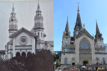 Fotos I Archivo I LA PATRIA  En la izquierda la primera catedral de Manizales, arrasada por un incendio el viernes 20 de marzo de 1926. En la derecha,su reemplazo: la Catedral Basílica Metropolitana, nacida en 1939. Vea el paso a paso de su origen, a partir de la fundación de la ciudad el 12 de octubre de 1849.