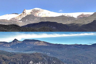 El Nevado de Santa Isabel, montaña sagrada para los Quimbaya, pierde sus glaciares por el cambio climático y revela su transformación histórica y natural. En las fotos, los domos Centro, Negro y Sur cubiertos en el 2005 (arriba) y despejados en el 2024 (abajo). 