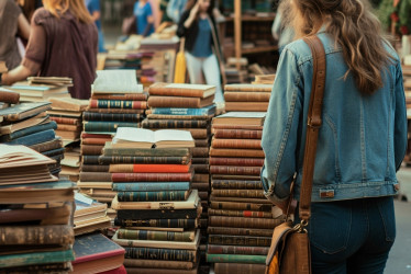 Persona en una venta de patio en busca de gangas entre artículos diversos.