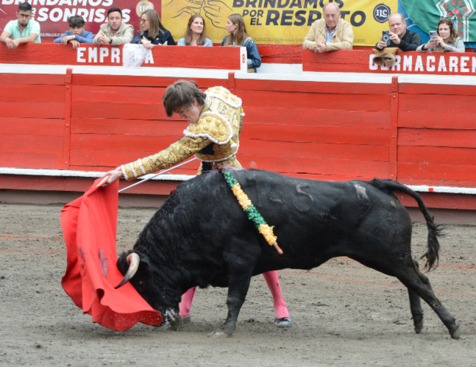 Felipe Miguel Negret de los reconocidos empresarios Negret incia la ejecución con la izquierda de un pase por alto al novillo Cantinero corrido en la tarde de ayer. Otra faena con visos de plasticidad.