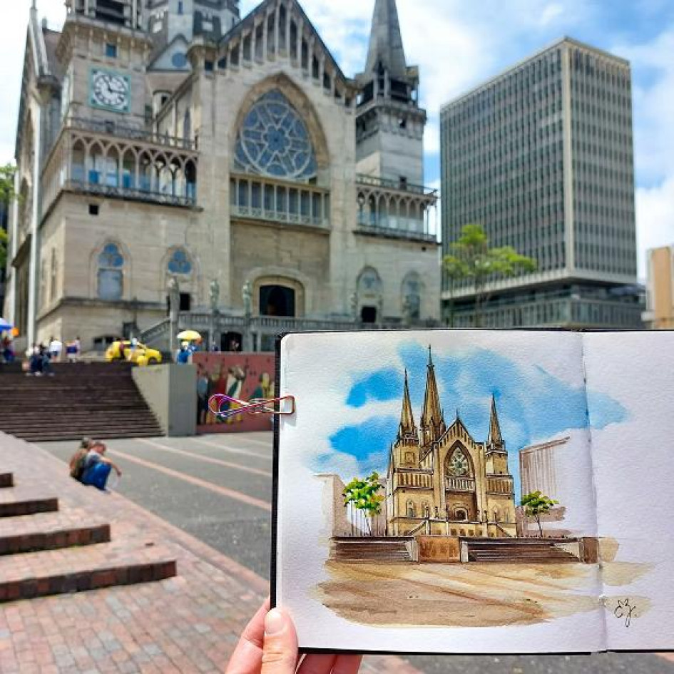 La ilustradora Elisabetta Zorzenone, de viaje por Latinoamérica, pasó por Manizales y se enamoró de la Catedral, por lo que la pintó y compartió la obra en redes.