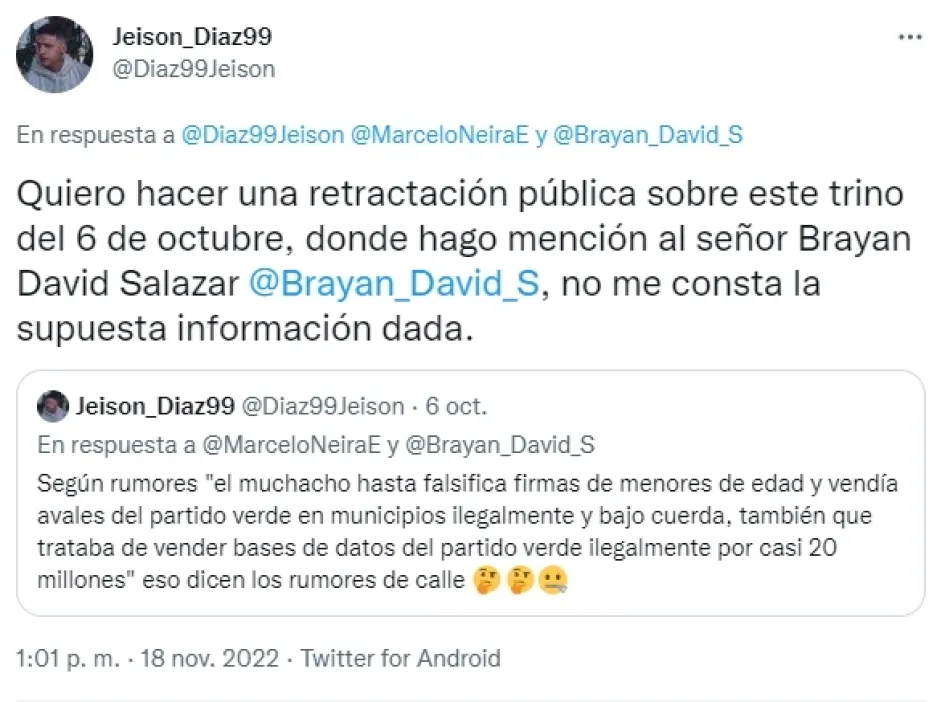 Tuitero se retracta de acusaciones contra el líder político Brayan David Salazar