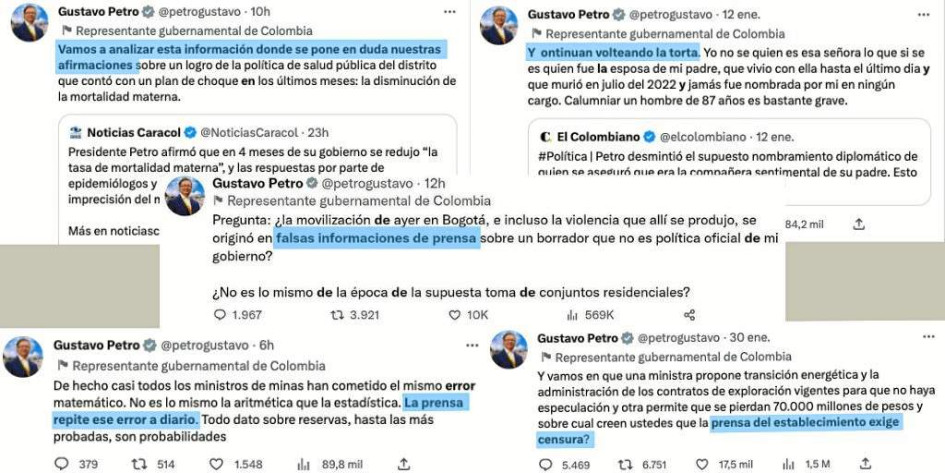 Reproducción | LA PATRIA En su cuenta oficial de Twitter, Gustavo Petro corrige o reprocha a los medios por cómo cubren su Gobierno.