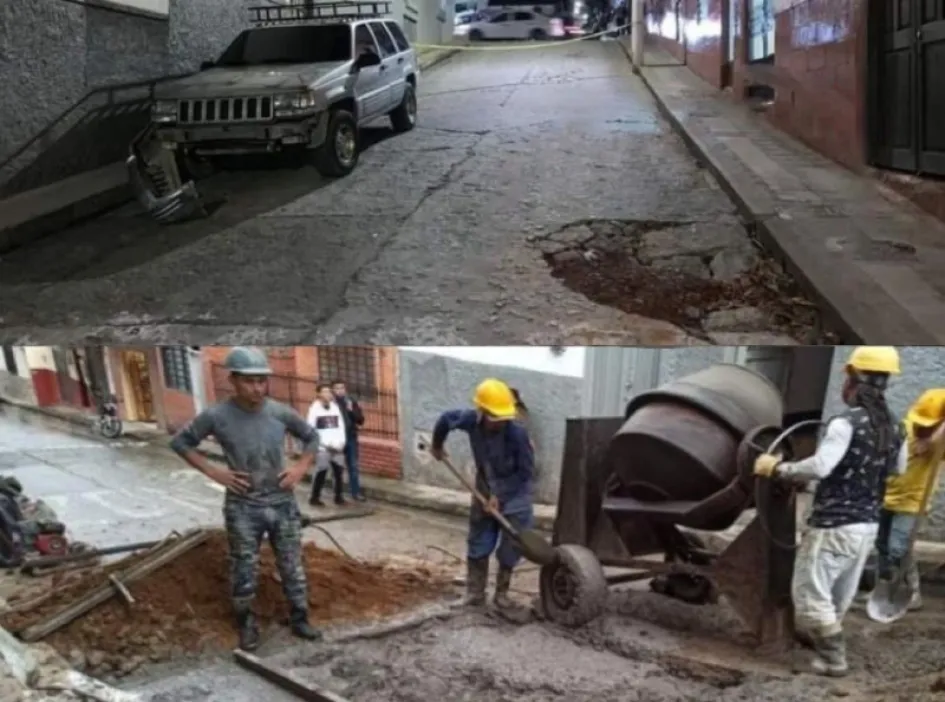 Comparativo del antes y el después de la calle 5 de Pácora.