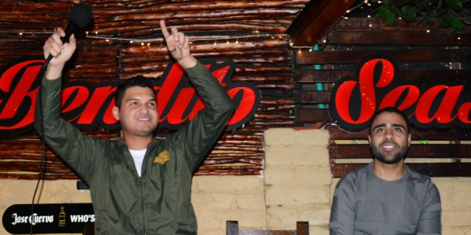 Elder Dayán y Lucas Dangond en su atención a los medios de Manizales en el bar Bendito Seas Ranchenatos.