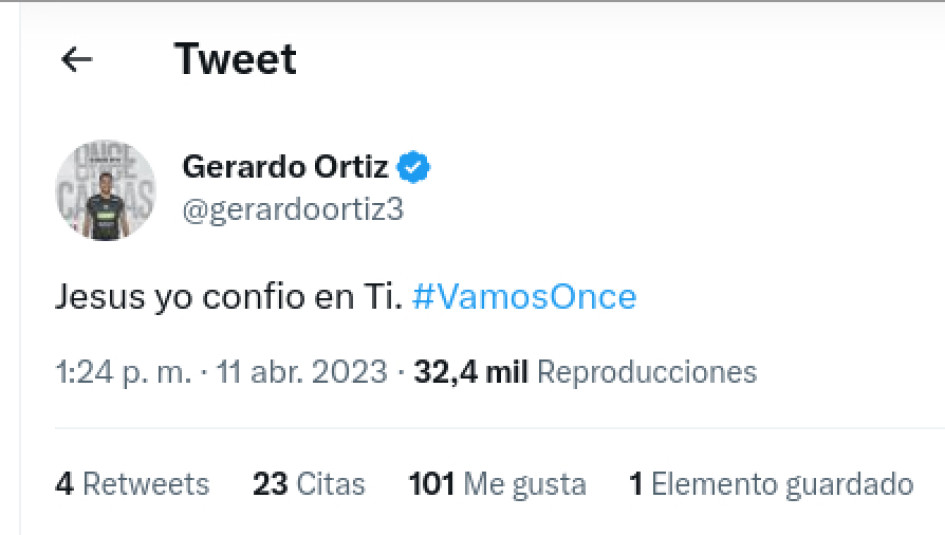 Gerardo Ortiz, portero del Once Caldas, escribió en su cuenta de Twitter antes del partido con La Equidad: “Jesús yo confío en Ti. #VamosOnce”, pero el equipo cayó.
