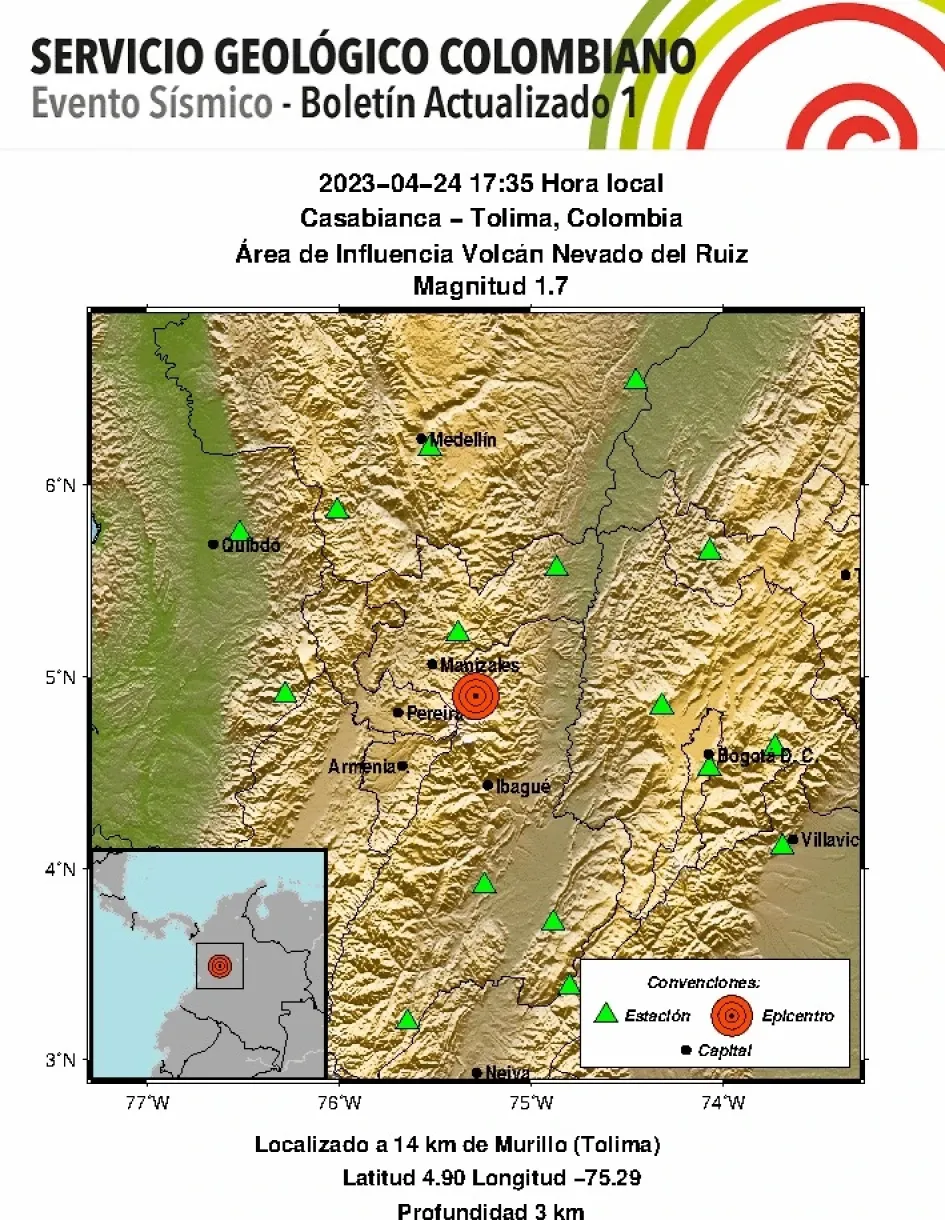 Registran sismo en área de influencia del volcán Nevado del Ruiz