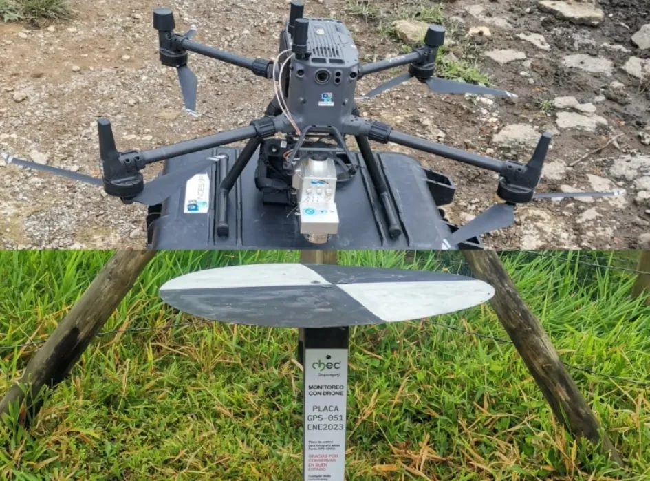 El dron y los puntos de fotocontrol utilizados para el proyecto de georreferenciación de la Chec.
