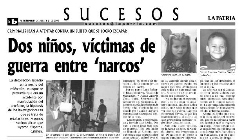 Foto |Reproducción| LA PATRIA Así reseñó LA PATRIA la noticia del atentado en el que murieron Daniel Esteban Giraldo Giraldo, de nueve años y Valentina Díaz, de 11.