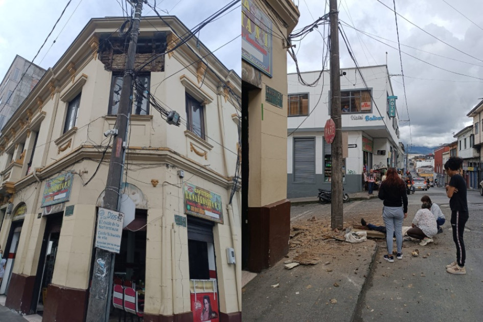 Caída de alero en el Centro de Manizales lesionó a una persona este domingo. 