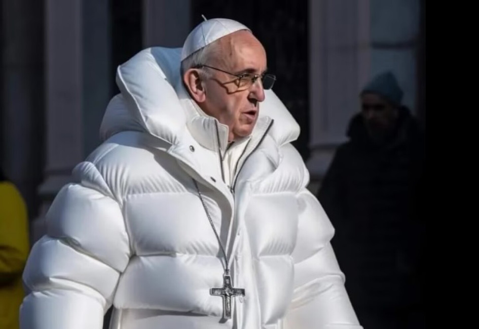 Las imágenes del papa Francisco con una chaqueta larga e inflada blanca y un gran colgante con una cruz inundaron las redes sociales este año. La imagen fue creada con inteligencia artificial. 