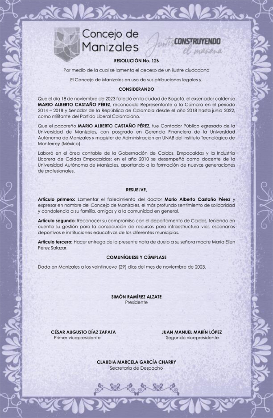 Por decisión unánime del Concejo Foto|Cortesía Concejo de Manizales|LA PATRIA