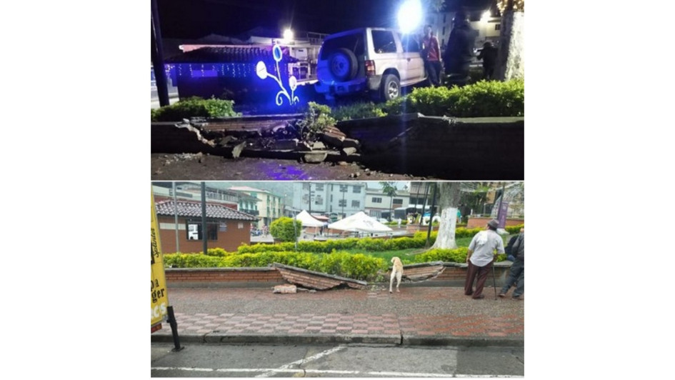 Un conductor embriagado se subió a una de las zonas verdes del parque de Pácora (Caldas) y dañó el muro.