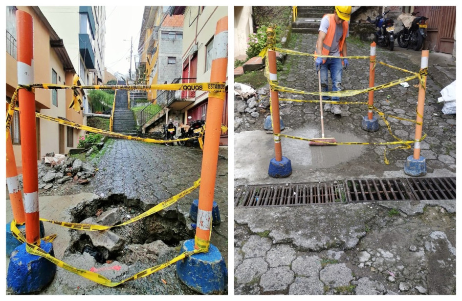 --p1 Foto | Freddy Arango | LA PATRIA ANTES. Así estaba el hueco ayer.  --P2 Foto | Cortesía  | LA PATRIA AHORA. Actualmente se pavimentó luego de la denuncia publicada en este medio.