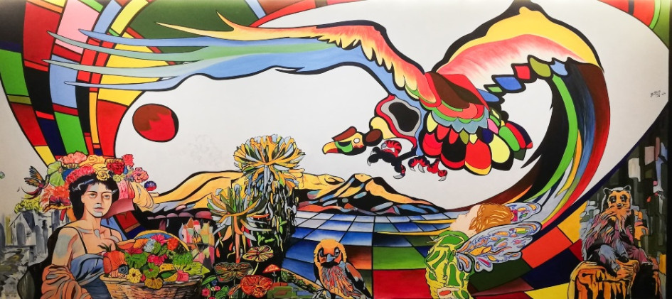 El nuevo mural de la Casa de la Cultura de Villamaría con los elementos más representativos de este municipio.