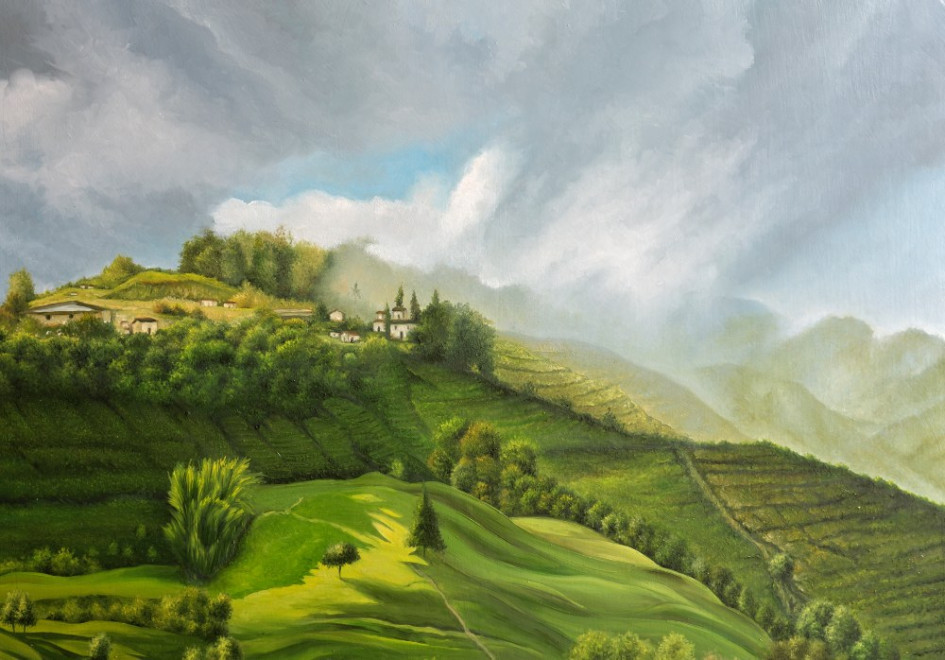 Sector La Cuchilla de Salamina (Caldas) en óleo sobre MDF de Luis Fernando Rodríguez García.