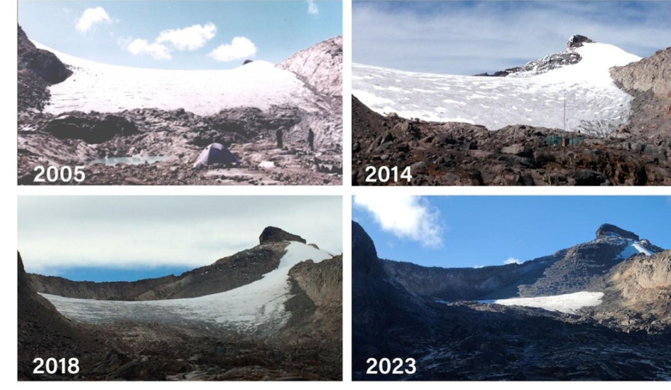 Registro del deshielo del glaciar del Nevado de Santa Isabel entre el 2005 y el 2023. Registro del deshielo del glaciar del Nevado de Santa Isabel entre el 2005 y el 2023.