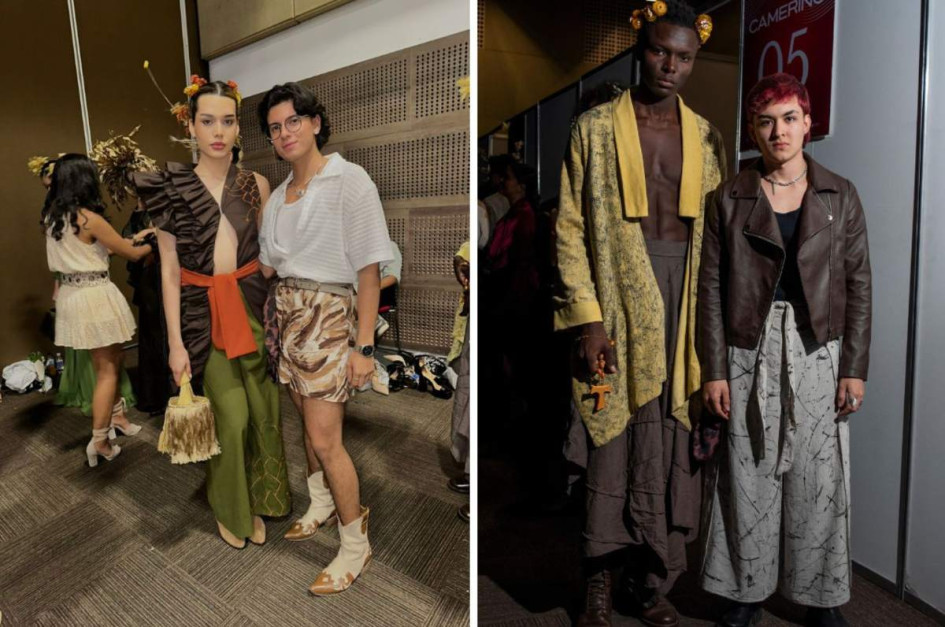 Santiago Holguín junto a Ana Sofía Ospina, modelo; y Juan David Londoño junto a Pino Vente, el modelo que luce sus creaciones.