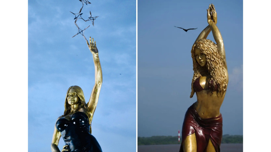 Mientras la estatua de Shakira (der.) en Barranquilla mide 6,5 metros, la de Sofía Vergara tiene un metro más de altura.