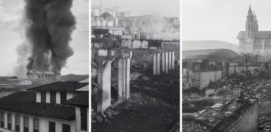 De izquierda a derecha: primera, vista del incendio; segunda y tercera, panorámica después del incendio de 1925. 